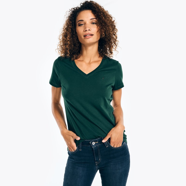 Women's Nautica Solid V-neck T Shirts Green | 4u2iHo5d