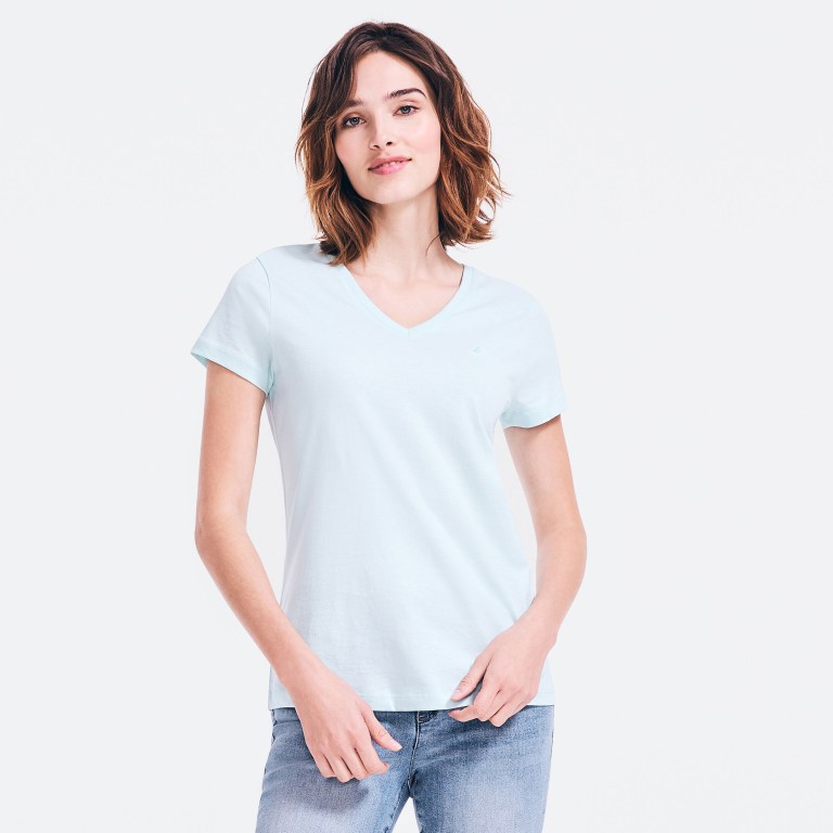 Women's Nautica Solid V-neck T Shirts Light Turquoise | q6FN6aPz