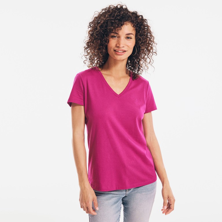 Women's Nautica Solid V-neck T Shirts Multicolor Pink | 85S0Aiep