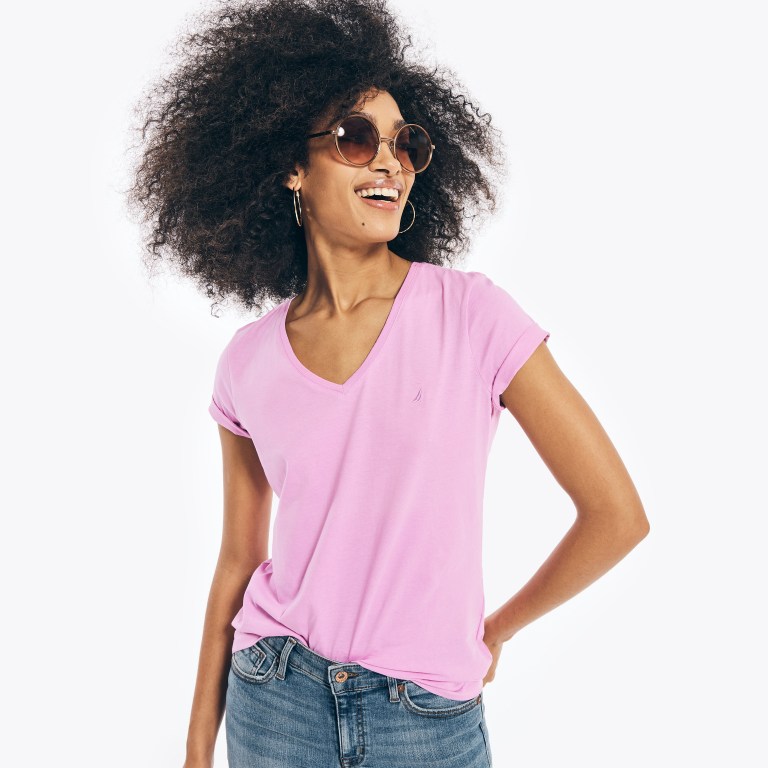 Women's Nautica Solid V-neck T Shirts Purple | vSvlIjYa