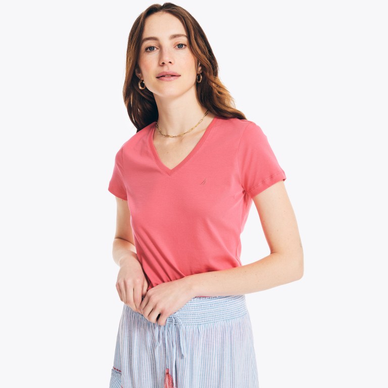 Women's Nautica Solid V-neck T Shirts Red | nyyPqf5t