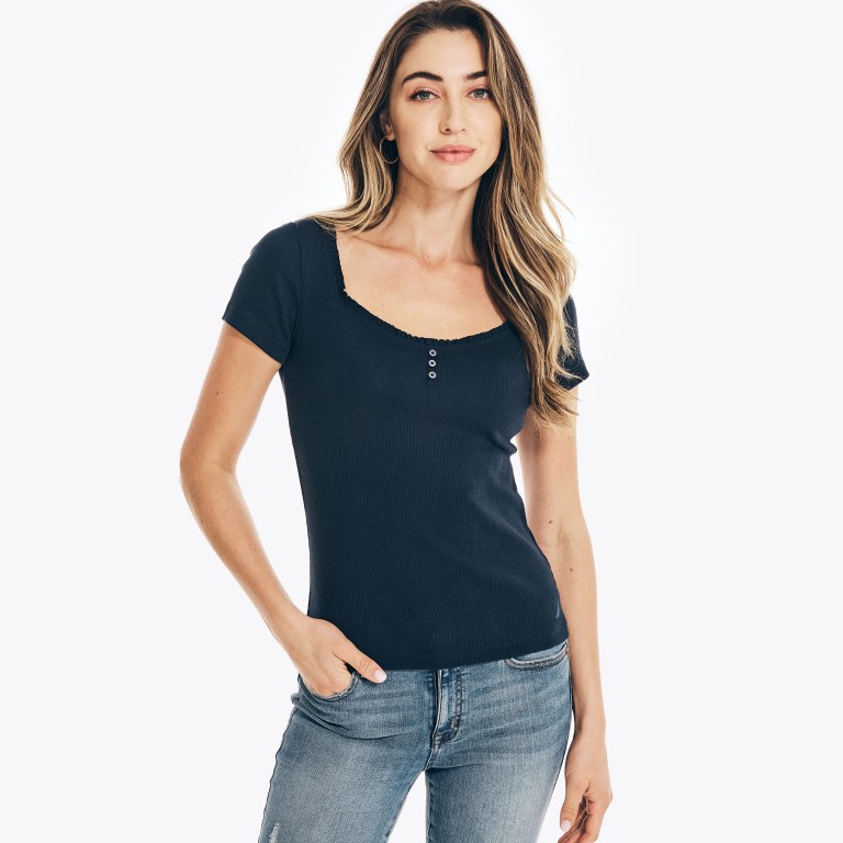 Women's Nautica Square-neck -sleeve Henley Tops Blue | sA5KtE0m