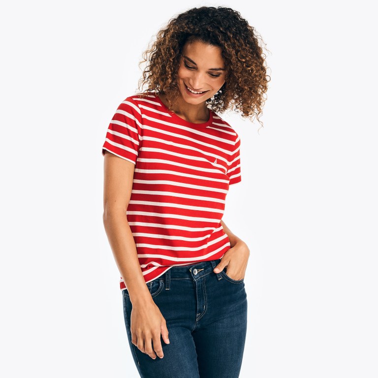 Women's Nautica Striped Crewneck T Shirts Red | 2tFyA7ou