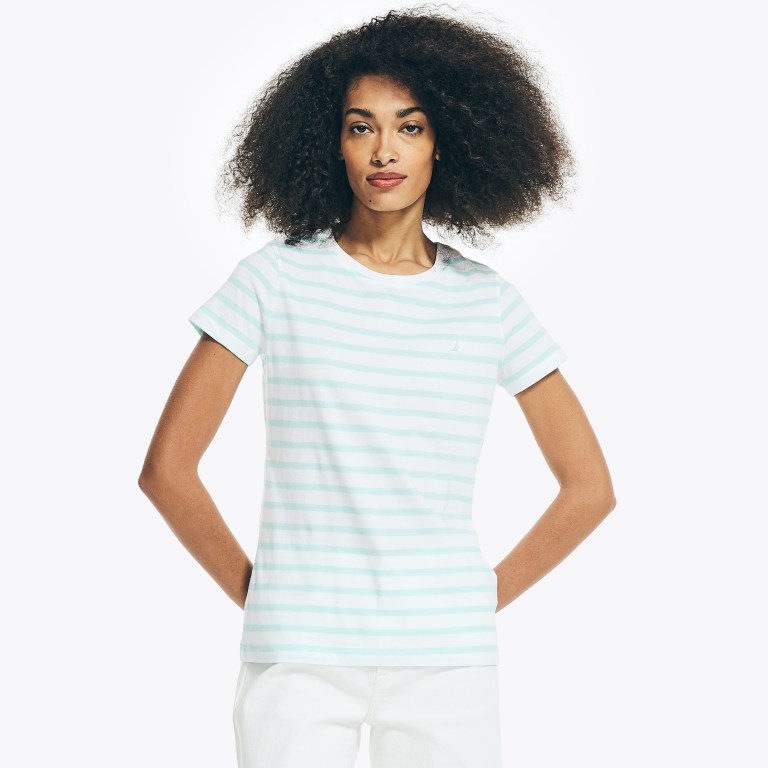 Women's Nautica Striped Crewneck T Shirts Blue | CyQPGcSR