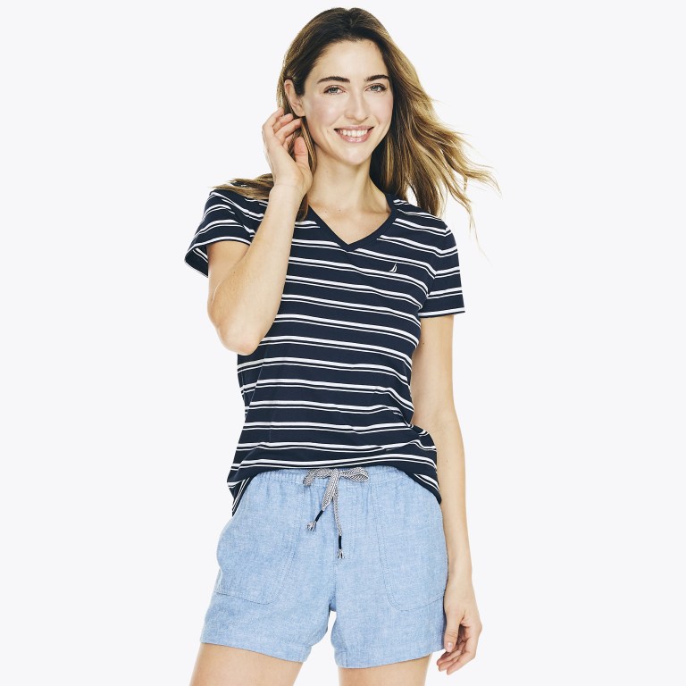 Women's Nautica Striped V-neck T Shirts Blue | LryWFJLD