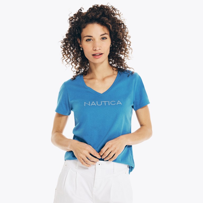 Women's Nautica Studded Logo V-neck T Shirts Navy | Ab3rSztB