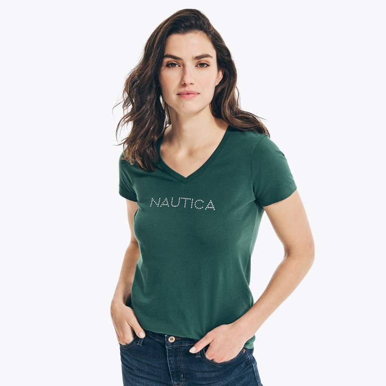 Women's Nautica Studded Logo V-neck T Shirts Multicolor | DwAjXsiK