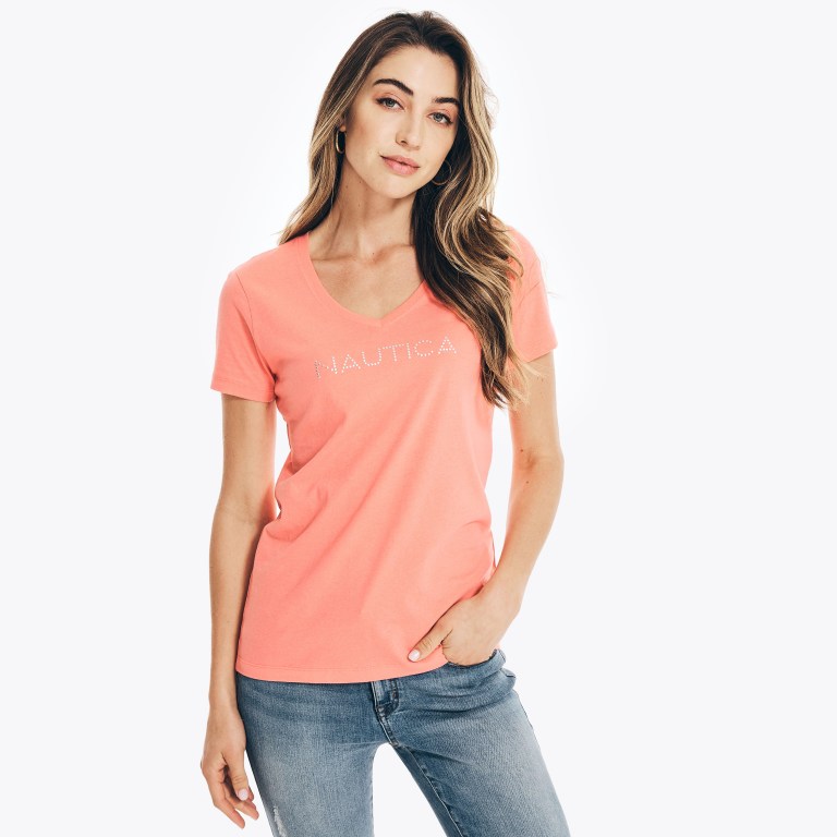 Women's Nautica Studded Logo V-neck T Shirts Coral | TyIXw7zd