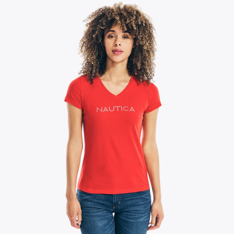 Women's Nautica Studded Logo V-neck T Shirts Red | aHJzzdrM