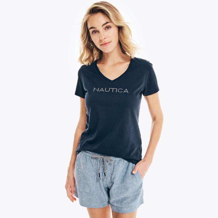 Women's Nautica Studded Logo V-neck T Shirts Blue | soN8Do4x