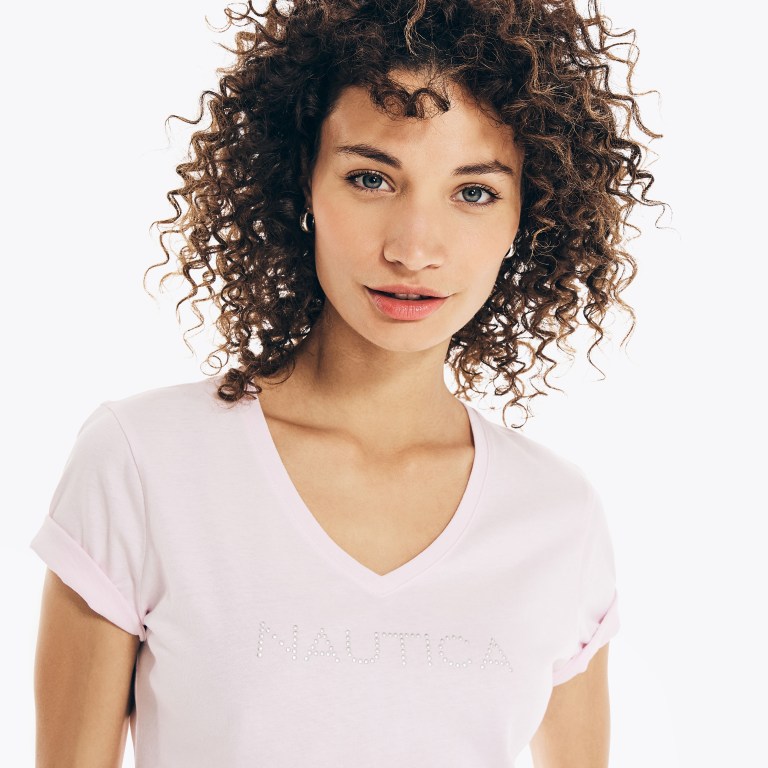 Women's Nautica Studded Logo V-neck T Shirts Pink | twZxOmid