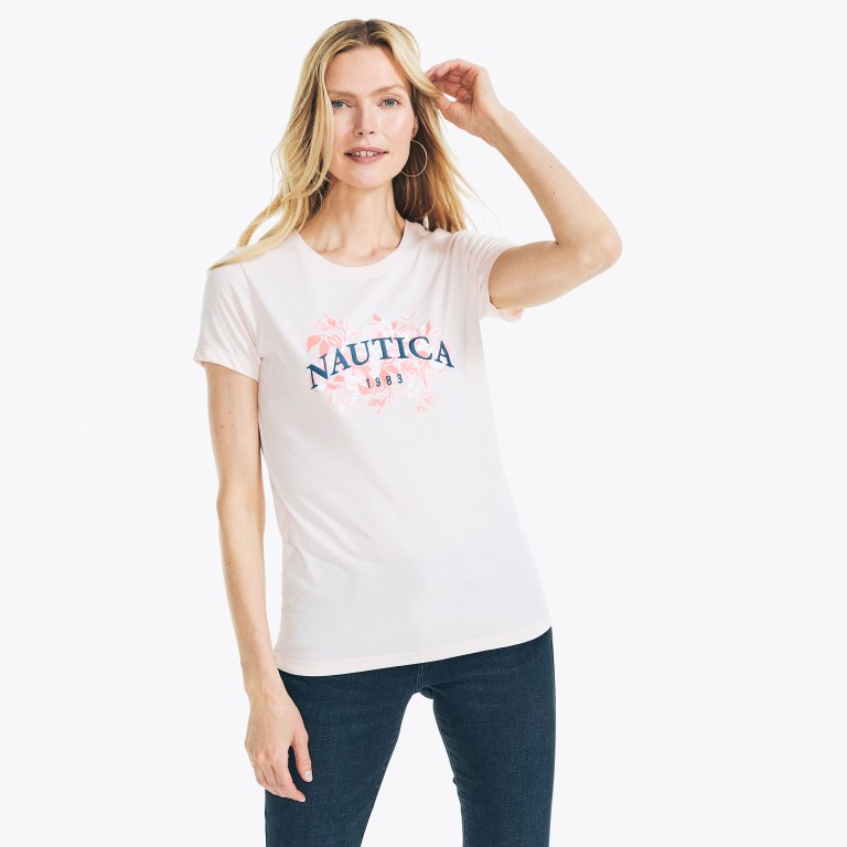 Women's Nautica Sustainably Crafted Embroidered Floral Logo Graphic T Shirts Multicolor Pink | GSyMfDwb