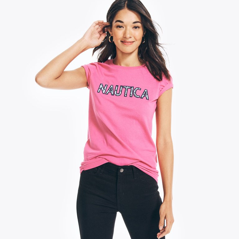 Women's Nautica Sustainably Crafted Embroidered Logo Graphic T Shirts Burgundy | hLDuH6ac