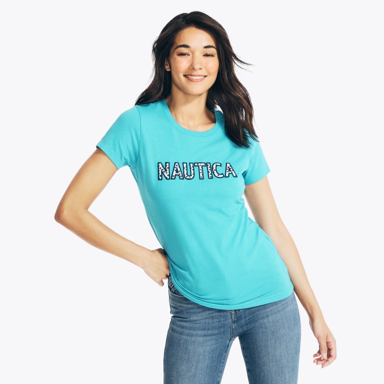 Women's Nautica Sustainably Crafted Embroidered Logo Graphic T Shirts Blue | moKN2EcX