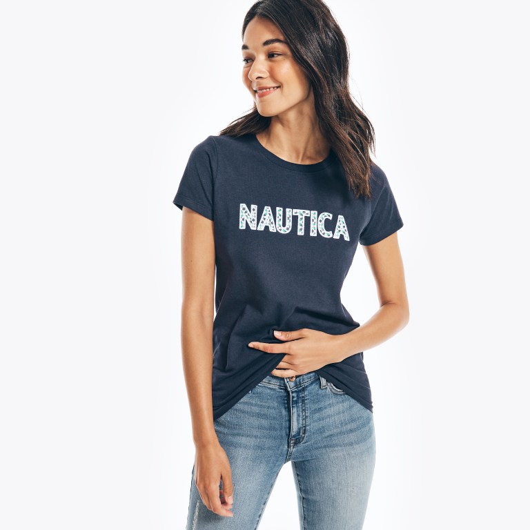 Women's Nautica Sustainably Crafted Embroidered Logo Graphic T Shirts Blue | plnYfat8