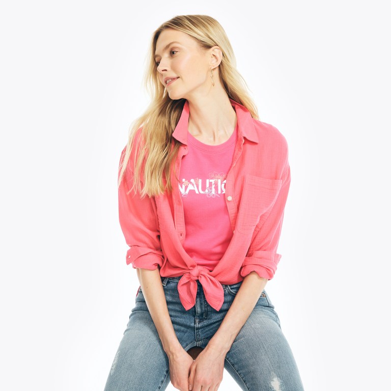 Women's Nautica Sustainably Crafted Floral Foil Logo T Shirts Pink | mQkcTZaW