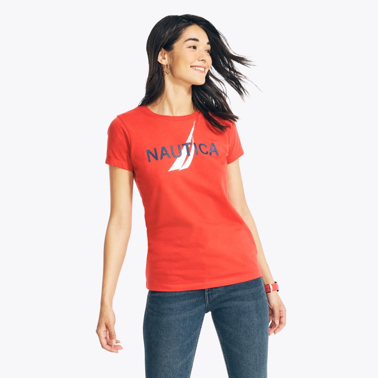 Women's Nautica Sustainably Crafted Foil J-class Graphic T Shirts Red | aTWngRjV