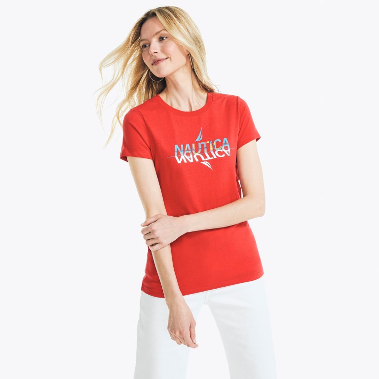 Women's Nautica Sustainably Crafted Foil Logo Graphic T Shirts Red | f5QGFBUt