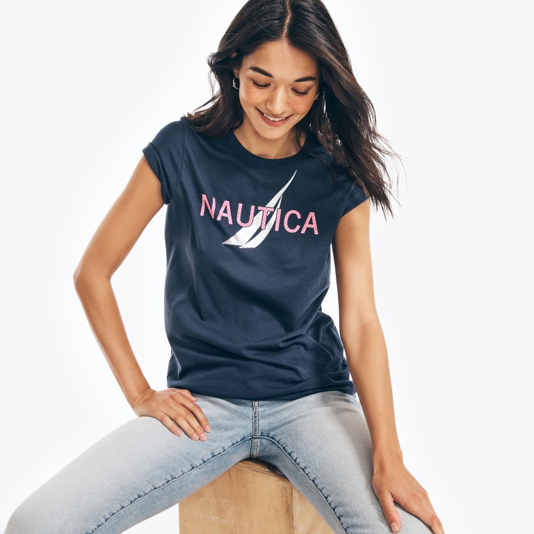 Women's Nautica Sustainably Crafted Foil J-class Graphic T Shirts Blue | ru2EKkq2