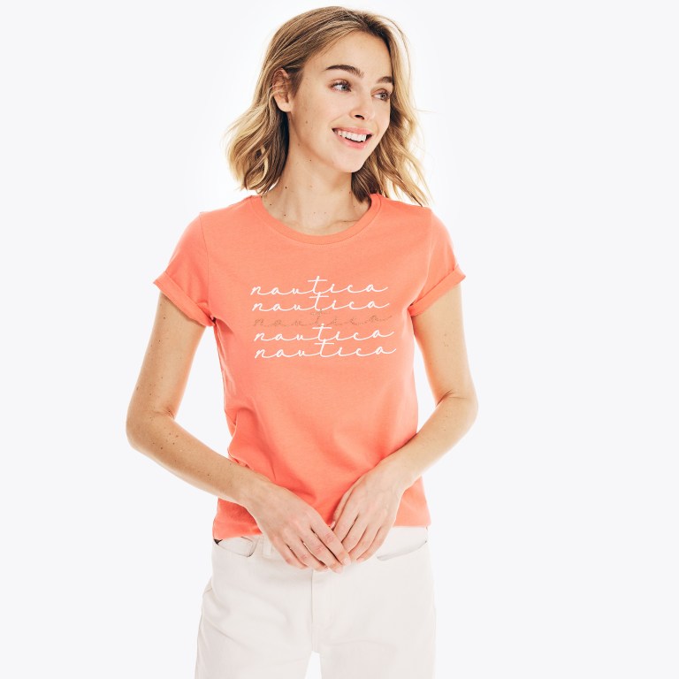 Women's Nautica Sustainably Crafted Glitter Graphic T Shirts Coral | 1gq7fYJ8