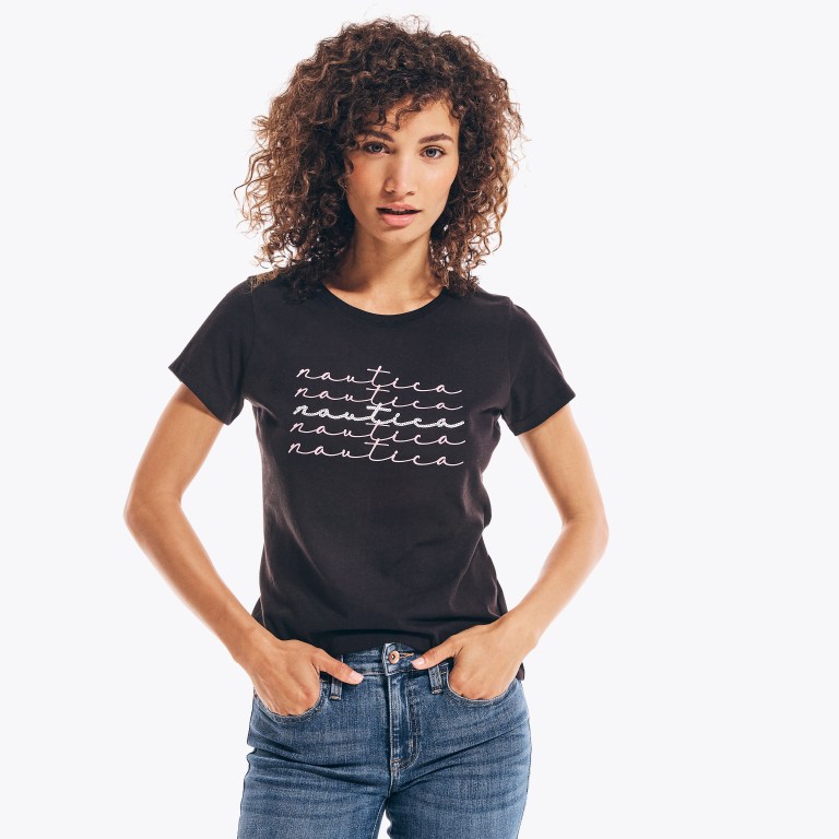 Women's Nautica Sustainably Crafted Glitter Graphic T Shirts Black | KK4K0Zb4