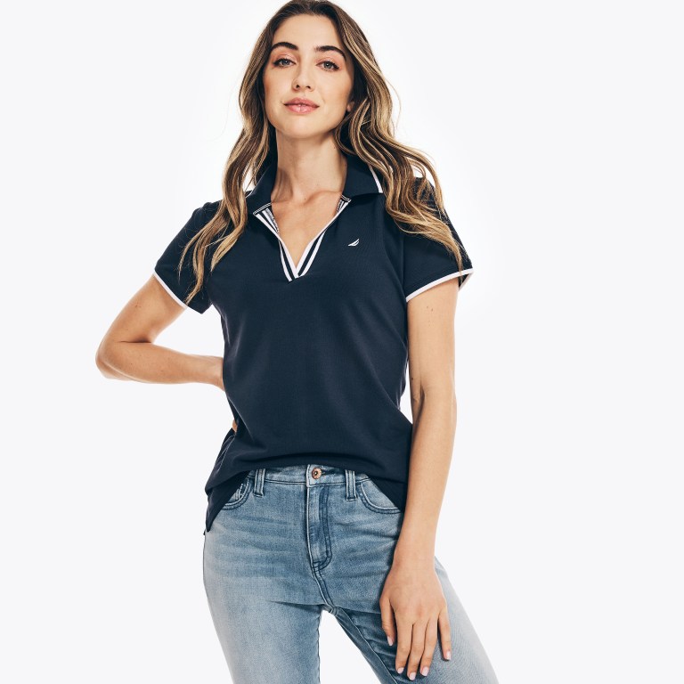 Women's Nautica Sustainably Crafted Ocean Split-neck Polo Shirts Blue | 6ao0ET3M