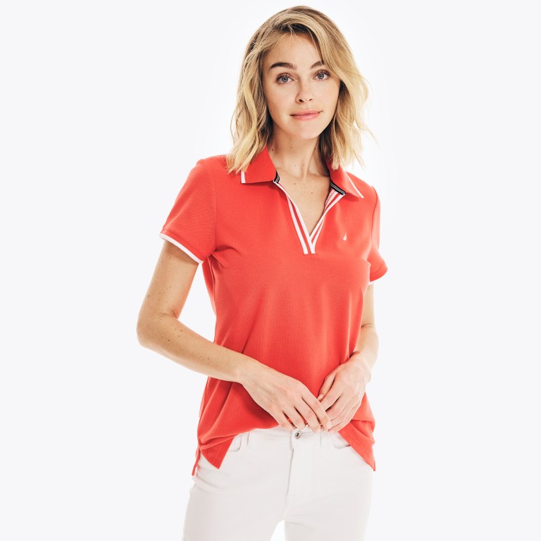 Women's Nautica Sustainably Crafted Ocean Split-neck Polo Shirts Orange | FVTAD5NB