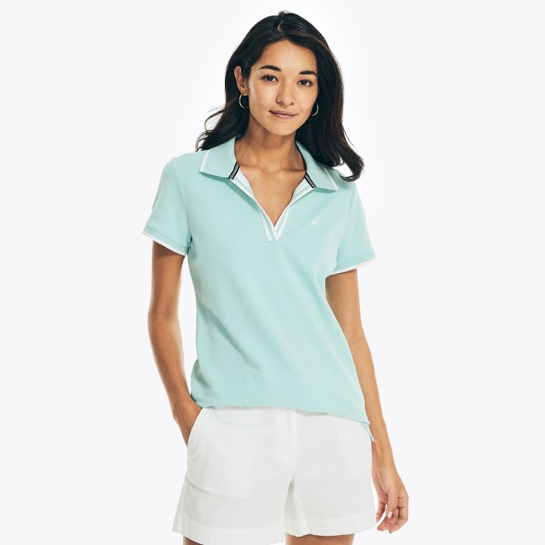 Women's Nautica Sustainably Crafted Ocean Split-neck Polo Shirts Blue | MMesMOn0