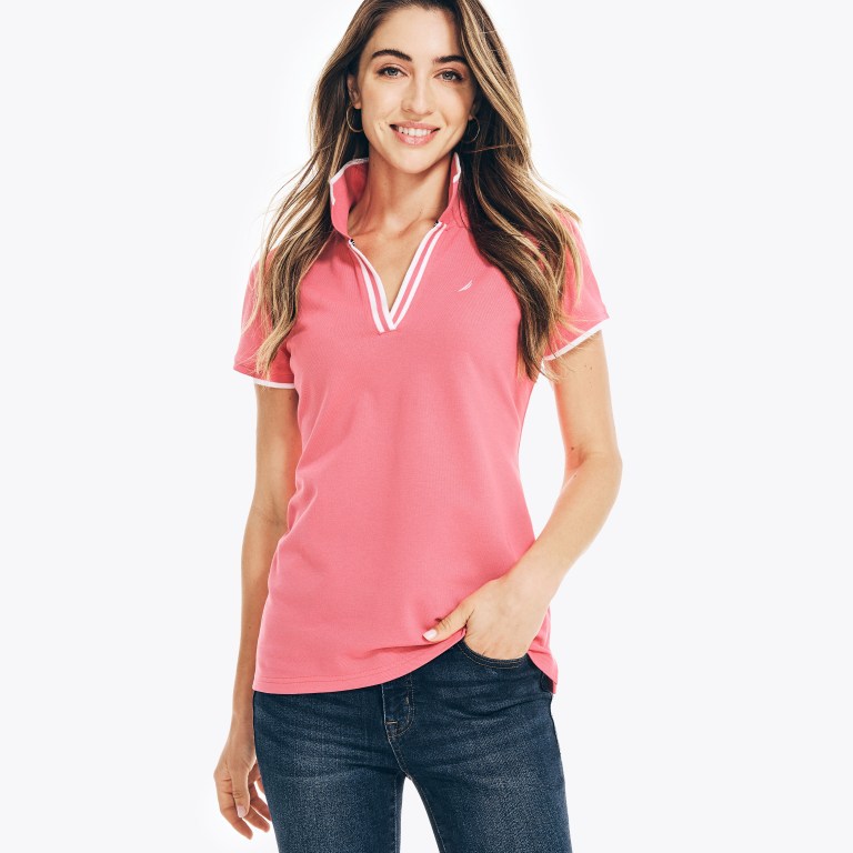 Women's Nautica Sustainably Crafted Ocean Split-neck Polo Shirts Red | fenYB4Zz